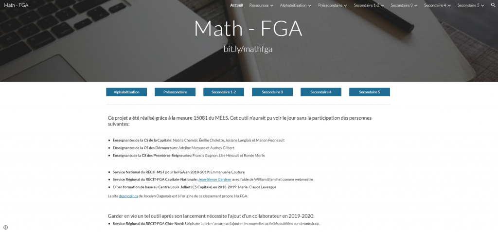 Site Web MATH FGA incluant le répertoire des activités Desmos classées par cours.